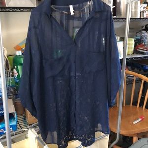 Xhilaration Sheer Navy Lace Back Tunic Blouse